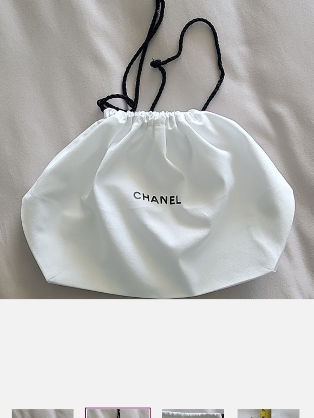 CHANEL White Drawstring Cosmetic Pouch with Black Cord